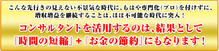 こんな先行きの見えない不景気な時代に、もはや専門化(プロ)を付けずに、増収増益を継続することは、ほぼ不可能な時代に突入!コンサルタントを活用するのは、結果として『時間の短縮』+『お金の節約』にもなります!